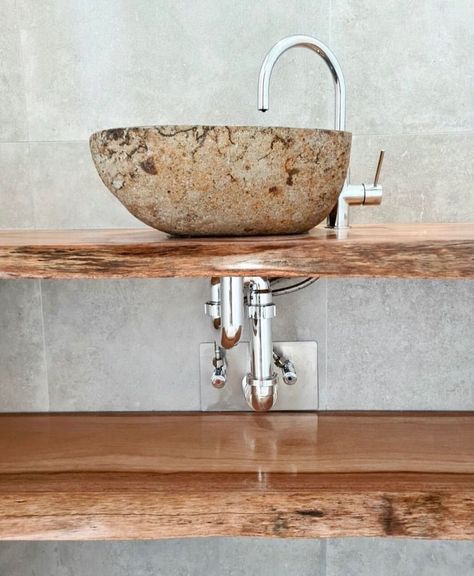 Designer tip: Pair any of our riverstone basins with a natural wooden counter for a truly rustic, aesthetic in your home. 🪵 Can be built into the counter or sitting majestically on top. The choice is yours. 👑 . . . #stoneandrock #riverstone #basin #natural #naturalstone #designerbathroom #designerhome #modern Under Stairs Toilet, Bathroom Details, Sink Shelf, Wooden Counter, Stone Basin, Rustic Aesthetic, Stone Sink, Beach Shack, River Stones