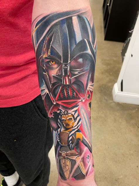 Ahsoka/Vader by Matthew Womack at Thirteen Roses in STL Vader And Ahsoka, Ahsoka Tattoo, Vader Tattoo, Star Wars Tattoo Sleeve, Darth Vader Tattoo, Full Back Tattoo, Nerd Tattoo, Full Back Tattoos, Star Wars Anakin