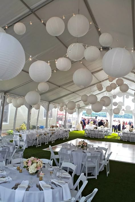 My dimmable LED bistro string lighting, with white paper lanterns installed in the tent at the Lake House Guest Cottages of the Berkshires. Party Tent Lighting Ideas, Summer Tent Party, Tent With Paper Lanterns, White Paper Lanterns Wedding Tent, Outside Tent Decorations, Decorating Inside A Party Tent, Paper Lanterns In Tent, Outdoor Party Tent Ideas, White Tent Birthday Party