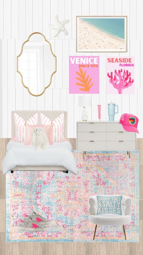 Beach Girl Room Ideas, Beachy Pink Bedroom, Pink Costal Granddaughter Room, Shuffle Bedroom, Colorful Coastal Bedroom, Coastal Pink Bedroom, Pink Beach Room, Preppy Coastal Bedroom, Coastal Teen Bedroom