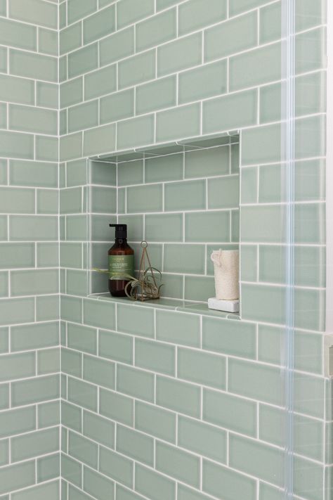 Pale Green Shower Tile, Blue Green Tile Bathroom, Green Tile Bathroom, Tile Brick, Brick Tile, Fireclay Tile, Bathroom Redesign, Shower Bathroom, Handmade Tile