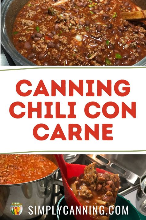 How to can chili at home! 🌶️🥫 Easy guide for preparing and pressure canning chili with meat and beans. https://www.simplycanning.com/how-to-can-chili/ Canning Homemade Chili With Meat, Canning Chilli Beans, How To Can Chili, Canning Chili Beans Recipe, How To Can Chili With Meat, Canning Beans Recipes, Pressure Canning Chili With Meat, Meat And Bean Chili Recipe, Chili With Meat And Beans