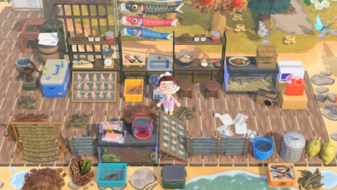 Fishing Market Animal Crossing, Acnh Fish Market Design Codes, Acnh Dock Design Code, Acnh Dock Ideas, Animal Crossing Fish Market, Acnh Fish Market, Napoleon Fish, Animal Crossing Fish, Acnh Japanese