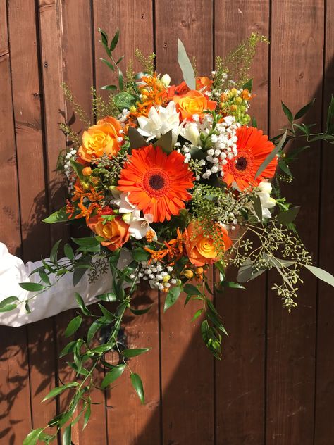 Bouquet Of Gerberas, Orange Gerbera Bouquet, Orange Gerber Daisy Bouquet, Orange Daisy Bouquet, Gerbera Daisy Flower Arrangements, Orange Gerbera, Gerbera Wedding Bouquet, Gerber Daisy Bouquet Wedding, Burnt Orange Bridal Bouquet