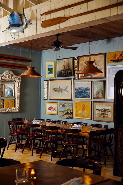 Sullivan's Fish Camp Sullivan's Island Restaurant Design by Basic Projects New England Restaurant Design, Coastal Restaurant Exterior, Lake Restaurant Design, Sullivans Fish Camp, Fish Camp Decor, Nautical Restaurant Design, Fish Interior Design, Seafood Restaurant Interior, Nautical Restaurant