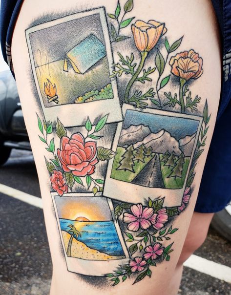 Destination Tattoo Ideas, Poloroid Tattoo Idea, Polaroid Tattoo Design, Sunset Tattoo Color, Polaroid Picture Tattoo, Bright Color Tattoo, Polaroid Tattoo Ideas, Desert Landscape Tattoo, National Park Tattoo