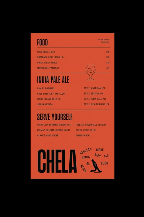 “Welcome to Malachela,” says Human, “a space where the atmosphere is always warm, the vibes are genuine, and there’s never a ‘mala chela’ in sight – just great beer, flavour and joy.” Invited to design the identity of the Taproom, bar, and restaurant in Brownsville, Texas, the Mexico City-based design studio delved into the effortless, down-to-earth charm that beer has, with the power to make people connect. Bar Branding Identity, Mexico Graphic Design, Beer Menu Design, Bar Graphic Design, Restaurant Branding Identity, Bar Menu Design, Restaurant Graphic Design, Menu Design Inspiration, Tapas Menu