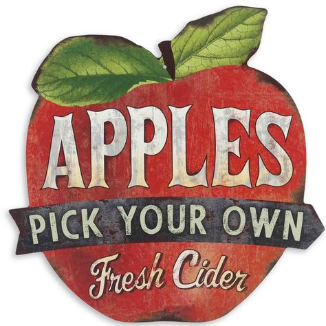 PRICES MAY VARY. Open Road Brands official product: An apple a day keeps boring decor away! This charming wall decor is shaped like a classic red apple, and it features a distressed finish that adds vintage appeal to your entire room. Fun Vintage Sign: With text that reads, "Apples," "Pick your own," and "Fresh cider," this sign will have you believing you just spent a day out in the orchard. Material: This sign is made of lightweight tin, making it easy to display on your wall. Made in the USA. Tin Bar, Diner Sign, Tin Wall Decor, Vintage Diner, Apple Decorations, Boy Wall Art, Apple Theme, Pumpkin Farm, Metal Wall Sign