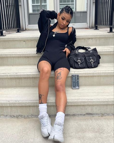 Black Shorts For Spring Streetwear, Black Activewear For Summer Streetwear, Black Cropped Activewear For Streetwear, Summer Streetwear Activewear Shorts, Sporty Black Streetwear Sets, Romper And Sneakers, Black Romper Outfit, Girly Fits, Outfit Streetwear