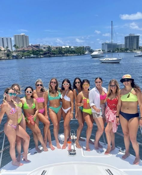 Neon bathing suits for this adorable bride tribe at their Ft Lauderdale bachelorette party! These ladies went out on a yacht with their theme in mind and executed flawlessly. We love planning for a color coordinated crew! Bachelorette Bathing Suits, Bachelorette Bathing Suit Ideas, Bachelorette Boat Party Outfit, Ft Lauderdale Bachelorette Party, Colorful Bathing Suits Bachelorette, Bright Bathing Suit Bachelorette, Bachelorette Cruise Outfits, Miami Vice Bachelorette Party, Bachelorette Party Bathing Suit