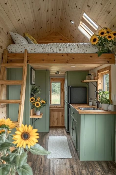 Sage Green Tiny House, Tiny House Cottage Interior, Sage Green Rv Cabinets, Small Shack House, Pretty Camper Interior, Cute Tiny House Interior, One Story Tiny House Interior, Tiny House Vintage Style, Space Saving Tiny House Ideas