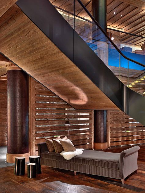 The Alpina Gstaad, Switzerland — Muza Lab Gstaad Switzerland, Alpine Design, Tree Trunks, Staircases, Modern Luxury, Statement Pieces, Switzerland, Lab, Hotel