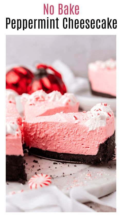 This no bake peppermint cheesecake is made with an Oreo cookie crust, peppermint extract, and melted white chocolate! This is the perfect Christmas dessert you can the day before! No water bath needed. No Bake Christmas Cheesecake, No Bake Peppermint Cheesecake, White Chocolate Peppermint Cheesecake, Chocolate Peppermint Cheesecake, Perfect Christmas Dessert, Melted White Chocolate, White Chocolate Peppermint, Christmas Cheesecake, Peppermint Cheesecake