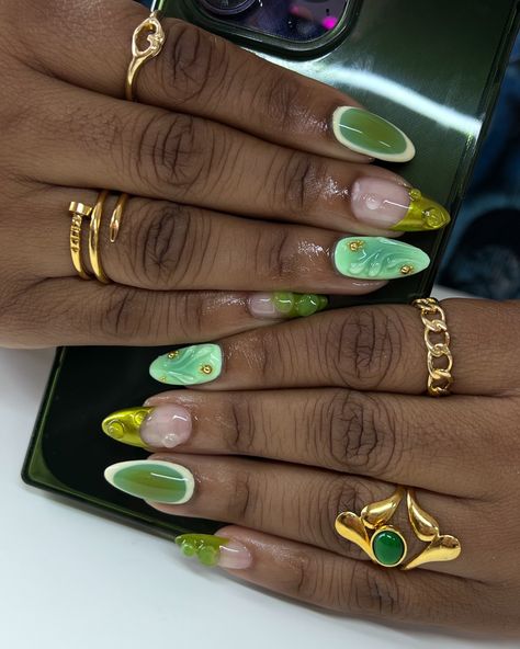 green goddess 🍀🥑🥝🧩 inspo: @addiisnails @shopagaloreco products used: *bonding base *aquamarine, crocodile, mellow *bling gel *diamond steel top coat use code ‘ALEXIA10’ at checkout 🤎 #nails #nailart #nailsofinstagram #naildesign #nailartist #greennails #abstractnails #auranails #3dnailart #3dnails #gelx #gelxnails #gelxnailtech #gelxinspo #cltnails #cltnailtech Aquamarine Nails, Croc Print Nails, Wicked Nails, Print Nails, Green Goddess, Croc Print, 3d Nail Art, 3d Nails, Green Nails