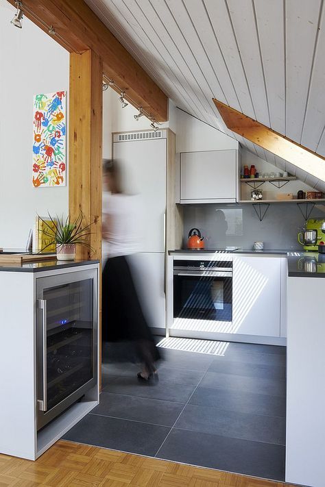 Skylight gives this kitchen a whole new dynamic Lighting For Small Kitchen, Small Kitchen Lighting Ideas, Very Small Kitchen, Small Kitchen Lighting, Aesthetic Lighting, Tiny Kitchens, Small White Kitchens, Brick Wall Backdrop, Skylight Kitchen