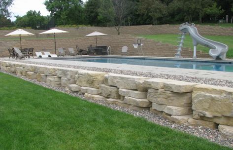 Tiered Yard, Pool Retaining Wall, Farm Pool, Rock Retaining Wall, Pool Landscape, Pool Installation, Backyard Landscape, Retaining Walls, Rock Pools