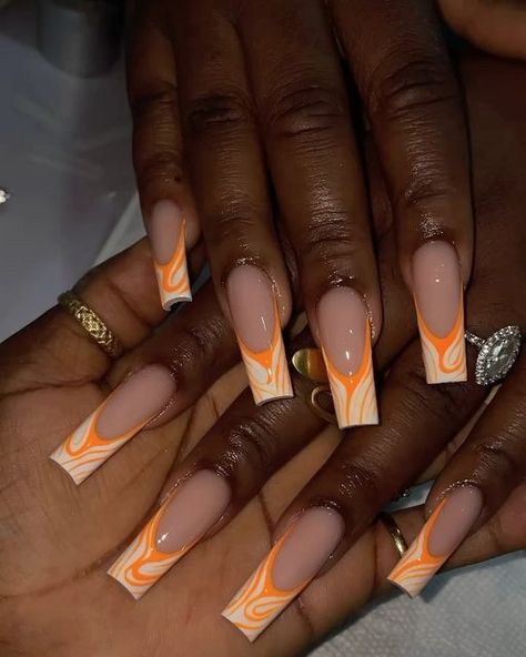 CURRENTLY CLOSE UNTIL OCTOBER❗️𝗡𝗲𝗡𝗲🇳🇬 𝗦𝗲𝗹𝗳 𝘁𝗮𝘂𝗴𝗵𝘁 𝗻𝗮𝗶𝗹 𝗮𝗿𝘁𝗶𝘀𝘁 on Instagram: "Tangerine Swirl 🤍 🍊" Orange Acrylic Nails, 2022 Nails, Sunset Nails, Orange Nail Designs, Nail Tip Designs, Orange Nail, Graduation Nails, Long Acrylic Nail Designs, Baddie Nails