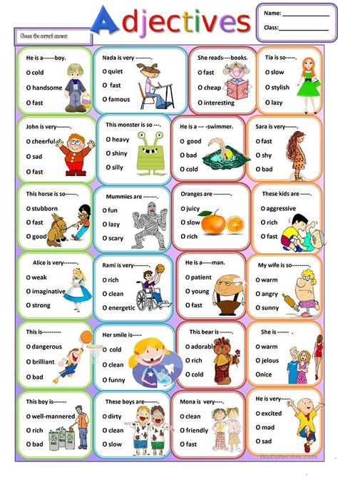 Adjectives - English ESL Worksheets for distance learning and physical classrooms Adjectives For Kids, English Adjectives, Grammar For Kids, English Worksheet, Teaching English Grammar, English Grammar Worksheets, English Worksheets For Kids, English Classroom, English Lessons For Kids