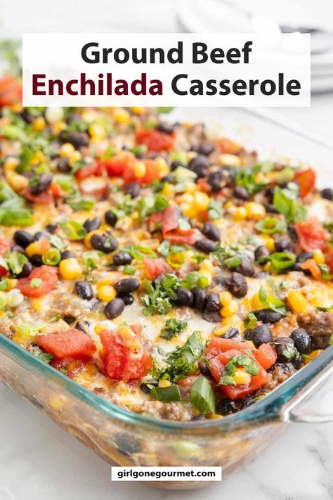 Classic enchilada casserole with savory ground beef, vegetables, beans, and corn tortillas. All of the ingredients are layered in a baking dish and baked for an easy enchilada dinner! Stacked Enchilada Casserole, Ground Beef Enchilada Casserole, Enchilada Dinner, Stacked Enchiladas, Beef Enchilada Casserole, Vegetable Enchiladas, Ground Beef Enchiladas, Food Dinners, Beef Enchilada