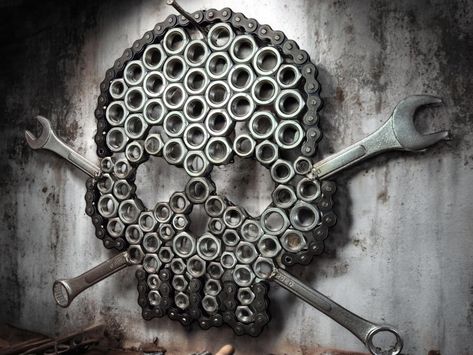 One-of-a-Kind Skull and Bones Wall Art – Handcrafted from Metal Nuts, Chains, and Spanners by Ashley Curran metal art industrial decor by GrandadsGiftShop on Etsy Bones Artwork, Horseshoe Crafts Projects, Metal Welding Art, Skull Crafts, Car Part Furniture, Horseshoe Crafts, Vintage Industrial Decor, Metal Welding, Garage Art