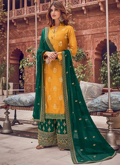 Yellow and Green Dola Silk Palazzo Suit– Lashkaraa Indian Clothes Women, Palazzo Dress, Indian Suits For Women, Plazzo Suits, Yellow Suit, Costume Noir, Salwar Dress, Palazzo Suit, Salwar Kamiz