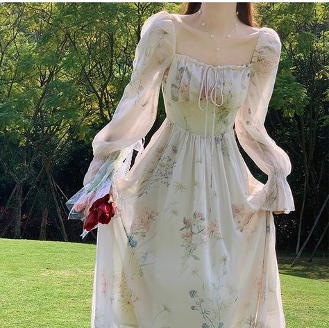 Palace Style Retro High-end High Waisted Ink Painting Printed Long Skirt Material: polyester Venus Flowers, Flowers Fairycore, Fairycore Princess, Deer Doll, Long Sleeve Chiffon Dress, Floral Chiffon Dress, Chiffon Floral, White Floral Dress, Chiffon Long Sleeve