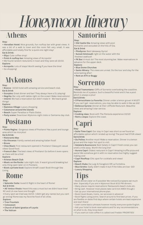 Greece Honeymoon Itinerary, Italy Honeymoon Itinerary, Honeymoon Aesthetic, Honeymoon Itinerary, Greece Honeymoon, Greece Itinerary, Travel Life Hacks, Italy Honeymoon, Travel Infographic