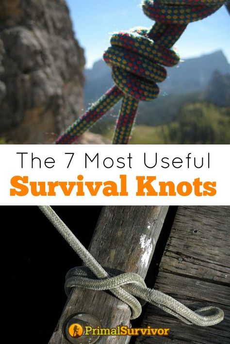 The 7 Most Useful Survival Knots You Need to Know. Rope is one of the most important pieces of survival kit to have in your bug out bag. Improperly tied rope could result in disaster – like when your tarp shelter comes untied and cashes down on you in the middle of a thunder storm or the boat you tied up gets loose and floats downstream.  There are literally thousands of different ways to tie rope.  You probably aren’t going to learn all of them, so start with these 7 most useful survival knots. Survival Knots, Knots Guide, Survival Bag, Survival Supplies, Knots Diy, Rope Knots, Survival Techniques, Bug Out Bag, Survival Food