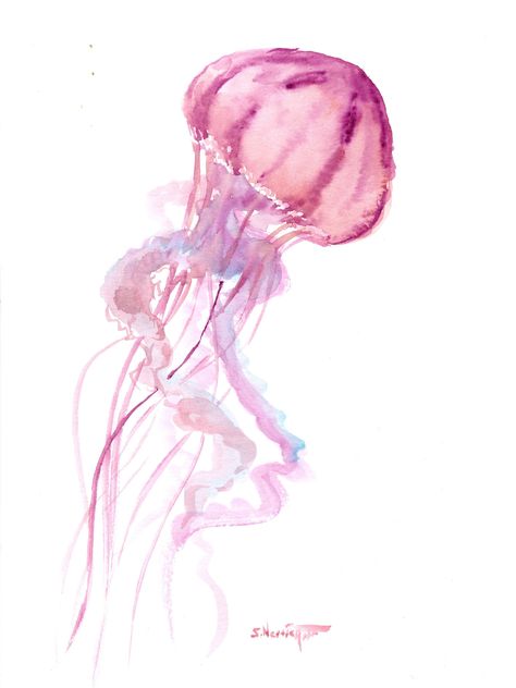 Watercolor Jellyfish Artwork, original painting, soft pink elegant hand-painted, one-of-a kind wall art by WatercolorBySuren on Etsy Things To Water Paint, Water Colour Prints, Unique Watercolor Paintings Ideas, Creative Watercolor Paintings, Easy Water Coloring For Beginners, Water Colour Painting Ideas Inspiration, Jellyfish Watercolor Painting, Flower Jellyfish, Watercolour Jellyfish