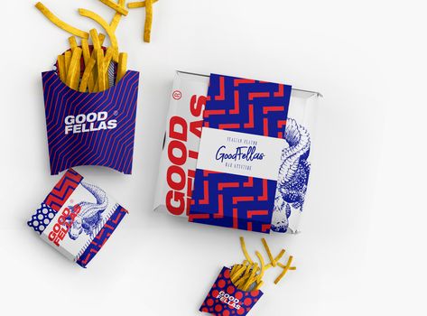 Good Fellas Brand Identity on Behance Fries Packaging Design, Fast Food Packaging Design Creative, Fries Branding, French Fries Packaging Design, Fast Food Brand Identity, Retro Fast Food Branding, Good Fellas, Burger Branding, Cafe Idea