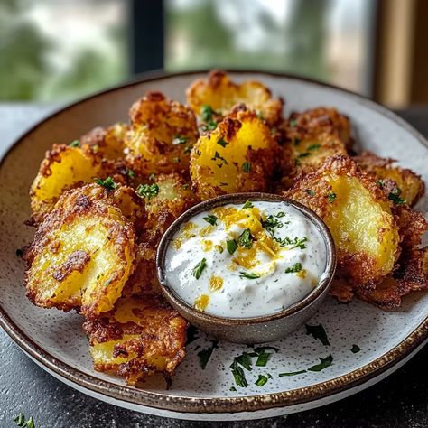 Crispy Smashed Potatoes with Lemon Garlic Yogurt Dip Recipe Smashed Potatoes Dipping Sauce, Roasted Smashed Potatoes, Yogurt Dipping Sauce, Rice And Potatoes, Garlic Yogurt, Red Potato Recipes, Vegetable Ideas, Lemon Garlic Sauce, Crispy Smashed Potatoes