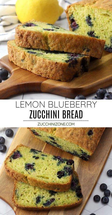 Lemon blueberry zucchini bread recipe by Zucchini Zone. Lemon blueberry zucchini bread is filled with bright lemon flavor and fresh, juicy blueberries. It's the perfect loaf of zucchini bread for summer! #zucchinibread #lemonblueberryzucchinibread #summerbaking #quickbread #recipe Blueberry Lemon Zucchini Bread Recipes, Lemon Blueberry Zucchini Bread Healthy, Zichichi Bread, Blueberry Zucchini Bread Recipes, Zucchini Loaf Recipes, Zucchini Blueberry Bread, Lemon Blueberry Zucchini Bread, Zucchini Desserts, Blueberry Zucchini Bread