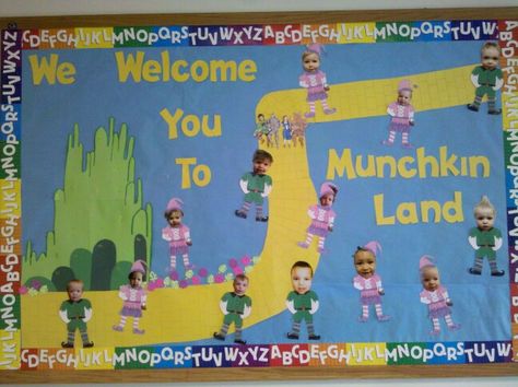 Munchkin land Munchkinland Decorations, The Munchkins Of Oz, Munchkin Land Decorations, Wizard Of Oz Bulletin Board Ideas, Wizard Of Oz Munchkin Land, Munchkin Land, Classroom Door Displays, Preschool Door, Wizard Of Oz Decor