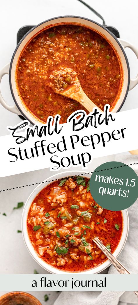 An “unstuffed” pepper soup recipe, if you will. 🙂 This small batch stuffed pepper soup recipe makes 1 1/2 quarts, and tastes even better as leftovers! I love to use lean ground beef, onion, green bell pepper, seasonings, beef broth, tomato sauce, and cooked rice for this soup recipe.  #stuffedpeppersoup #greenpeppersoup #pepperbeefsoup #smallbatchsoup #souprecipes #souprecipesfortwo Soup With Peppers And Onions, Stuffed Pepper Soup No Rice, Stuff Green Pepper Soup, Unstuffed Pepper Soup Crockpot, Sweet Pepper Soup, What To Do With Green Peppers, Stuffed Pepper Soup Stovetop, Small Batch Recipes Dinner, Recipe With Green Peppers