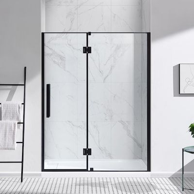 OVE Decors Niko 60-in W x 73.9-in H Frameless Hinged Matte Black Soft Close Alcove Shower Door (Clear Glass) in the Shower Doors department at Lowes.com Shower Doors Black Frame, Black Matte Shower Door, Clear Shower Door Ideas, Black Shower Surround, Shower Doors With Black Trim, Black Hardware Shower Door, Hinged Shower Glass Door, Black Frameless Shower Door, Glass Shower Door With Black Hardware