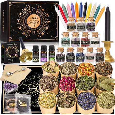 PRICES MAY VARY. 【HUGE WITCHCRAFT SET】- Began your journey into witchcraft with this all-in-one magic box. Which include 12 Herbs, 12 Crystals in Jars, 12 Colorful Candles, 3 Essential Oil, 12 Parchment Card, 1 Amethyst Cluster, 1 Big Black Candle and 1 Candle Holder, 1 Altar Cloth, 1 Witch Bell, 1 Black Salt, 1 Pink Salt, 1 Cute Spoon, 1 Magickal Uses Booklet. Let’s dive into the wonderful world of witchcraft and magic. 【100% NATURAL AND REAL】Our high-grade organic herbs picked the best parts o Pagan Decor, Parchment Cards, Witch Stuff, Pagan Altar, Black Salt, Red Rose Petals, Witchcraft Supplies, Witch Gift, Magic Box