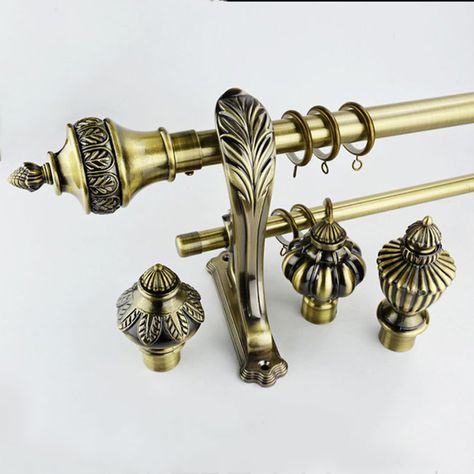 Brass Double Curtain Rod, Gold Double Curtain Rod, Antique Curtain Rods, Double Curtain Rod Ideas, Victorian Curtain Rods, Living Room Curtains Modern, 1950 House, Curtains Holder, Bronze Curtain Rods