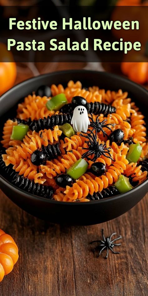 Get ready to impress your guests with this spooky yet delicious Festive Halloween Pasta Salad! 🕷️👻 Made with vibrant orange and black pasta, crunchy green bell peppers, and playful garnishes like mini ghost and spider toppings, this salad is perfect for Halloween gatherings. A delightful blend of flavors and textures, it's easy to make and sure to be a hit at your spooky celebrations! Halloween Pasta Salad, Black Pasta, Halloween Pasta, Savory Meatballs, Mini Ghost, Spinach Artichoke Dip Recipe, Artichoke Dip Recipe, Yummy Fall Recipes, Sweet Potato Recipes Casserole