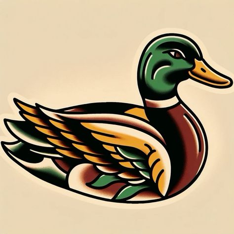 Traditional Duck Tattoo, Mallard Tattoo, Mallard Duck Drawing, Mallard Duck Tattoo, Mallards Ducks, Traditional Tattoo Painting, Positivity Tattoo, Goose Tattoo, Angel Baby Art