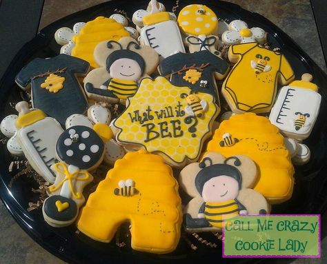 What will it Bee? Bee Cookies, Crazy Cookies, Bee Cakes, Bee Baby Shower Theme, Mommy To Bee, Bumble Bee Baby Shower, Bee Party, Summer Cookies, Bee Baby