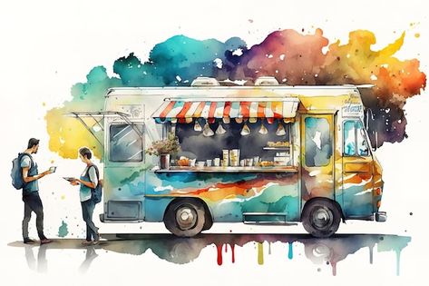 A watercolor painting of a food truck. | Premium Photo #Freepik #photo #food-truck #vendor #vending #food-business Food Truck Painting, Truck Painting, Photo Food, Truck Paint, Food Business, Food Truck, Premium Photo, Street Food, Watercolor Painting