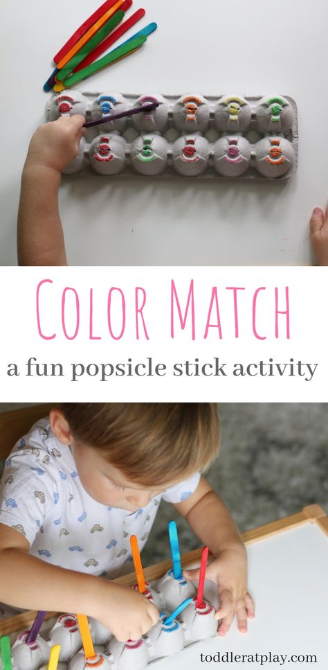 Fun and easy to set up toddler activity that uses popsicle sticks and an egg carton. This color match is super engaging and develops lots of important skills! #toddleractivity #colormatch Easy Toddler Activities, Preschool Activities Toddler, Egg Cartons, Toddler Activity, Match Game, Fine Motor Skills Activities, Motor Skills Activities, Popsicle Stick, Homeschool Activities