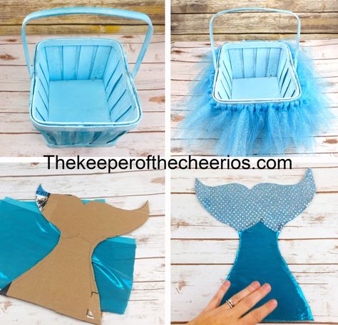 Mermaid Easter Basket - The Keeper of the Cheerios Mermaid Baskets, Mermaid Gift Basket, Blue Easter Basket, Homemade Easter Baskets, Easter Photo Props, Silent Auction Baskets, Easter Basket Crafts, Baby Easter Basket, Gift Baskets Ideas