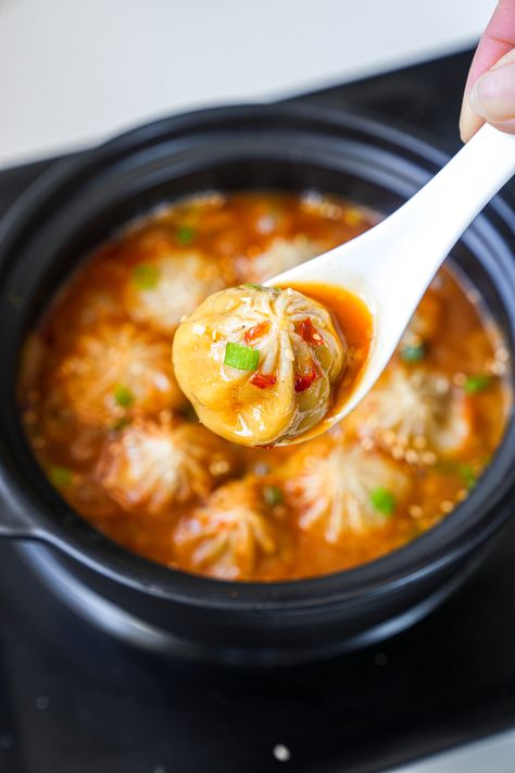 Soup Dumplings in Spicy Miso Sauce - One Happy Bite Kimchi Dumpling Soup, Miso Soup With Dumplings, Soup Dumpling Soup, Pork Soup Dumplings, Miso Recipe, Miso Sauce, Miso Soup Recipe, Asian Bowls, Soup Dumplings