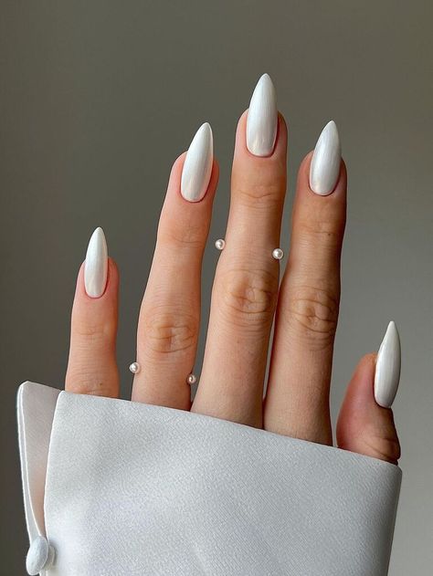 Best 22  milky white chrome nails you must try this year White Almond Nails, White Chrome Nails, Chrome Nail Art, Chrome Nails Designs, White Nail Polish, Pearl Nails, Almond Nail, Cat Eye Nails, White Nail