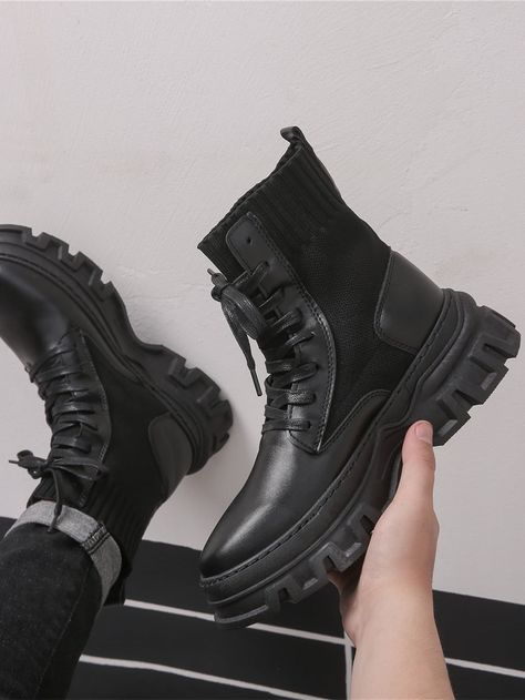 Negro  Collar   Liso Botas de combate Embellished   Zapatos para hombres Grunge Shoes Aesthetic, Black Army Boots, Techwear Shoes, Stylish Snow Boots, Aesthetic Male Outfits, Best Boots For Men, Grunge Shoes, Stylish Winter Boots, Boots Outfit Men