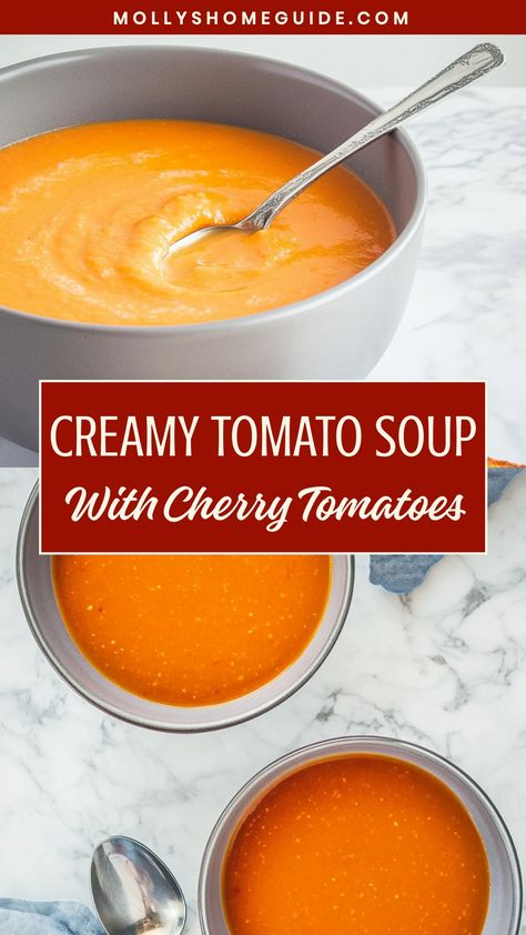 Warm up with a comforting bowl of tomato soup featuring sweet cherry tomatoes. This recipe is perfect for chilly days and can be made easily in your own kitchen. The burst of flavors from the fresh cherry tomatoes will make this soup a family favorite in no time. Try pairing it with some crusty bread or a grilled cheese sandwich for a delicious meal that will leave you feeling satisfied and cozy. What To Do With Frozen Cherry Tomatoes, Tomato Soup With Cherry Tomatoes, Cherry Tomato Soup Recipes, Canned Cherry Tomatoes Recipes, Cherry Tomatoes Recipes, Cherry Tomato Soup, Tomato Soup With Fresh Tomatoes, Cherry Soup, Canning Cherry Tomatoes