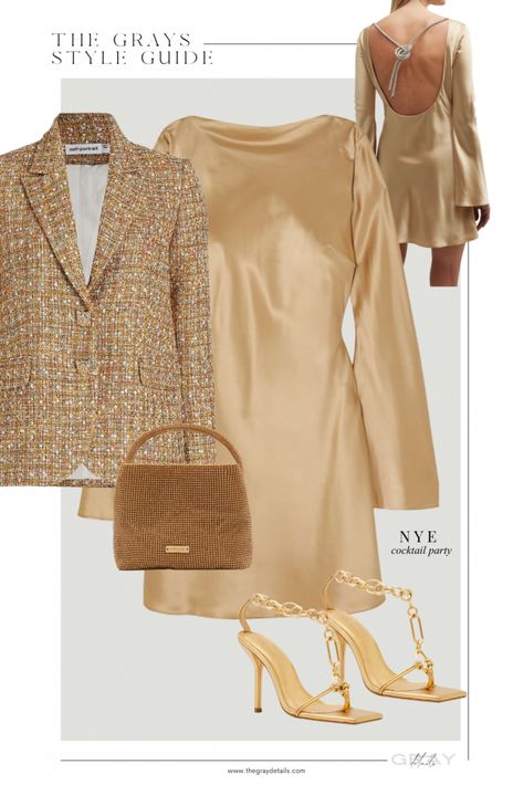 Gold NYE Outfit, gold outfit, gold dress, blazer outfit, golden dress, cocktail dresz, wedding guest dress Yellow Gold Outfit, Casual Gold Outfit, Cream And Gold Outfit, Gold Nye Outfit, Gold Wedding Guest Outfit, Gold Party Dress Outfit, Gold Blazer Outfit, Gold Outfit Party, Gold Christmas Outfit