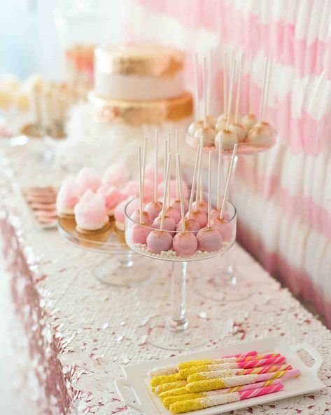 Creative Bachelorette Party Decoration Ideas | Martha Stewart Weddings - Take a note out of this bachelorette party playbook and dress up the dessert bar with a sequined runner. It'll perfectly complement all-pink-everything treats. #bacheloretteparty #bachelorettepartyideas #bachelorettepartysupplies Spa Bridal Shower, Bachelorette Party Food, Classy Bachelorette Party, Buffet Dessert, Bachelorette Party Supplies, Bridal Shower Inspiration, Shower Inspiration, Pink Bridal Shower, Brunch Ideas