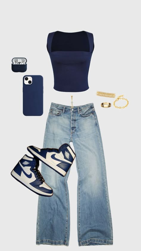 Navy Blue Outfit, Navy Blue Crop Top, Jordan 1 Sneakers, Blue Crop Top, Trendy Outfits For Teens, Outfit Inspo Casual, Blue Outfit, Outfits For School, Cute Everyday Outfits